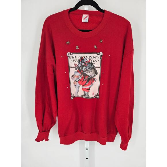 Vintage 1990s Jerzees Women's Red Christmas Printed Crewneck Sweater Size 2X - Picture 1 of 4